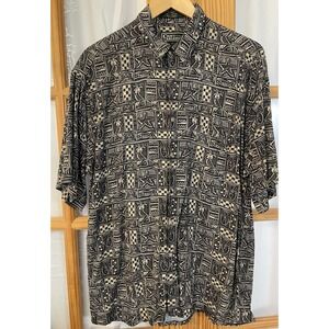 Vtg 70s Button Casual Shirt Mens Sz L Gray Beige Short Sleeve Fish Outdoor Korea